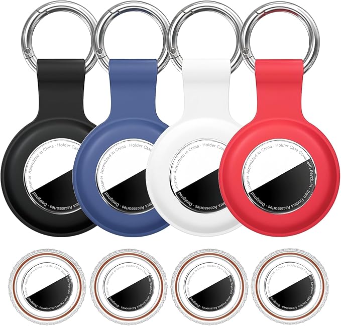 [4 Pack] for Airtag Holder Waterproof Case for Air Tags with Keychain,Shockproof GPS Cover [Anti-Scratch] [PC+Silicone] for Apple Tracker Item Tag Finders Accessories, Black/White/Blue/Red