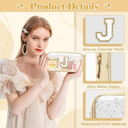 Personalized Initial Letter Clear Makeup Bag,Preppy Small Nylon&PVC Cosmetic Zipper Bag with Chenille Letter,Portable Beach Travel Skincare Toiletry Bag,Trendy Monogram Gift for Teen Girls Women,J