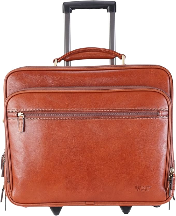 Genuine Leather Wheeled Laptop Briefcase – Tan Rolling Cabin Flight Pilot Bag for Men – 29L Travel Carry-On Case with Adjustable Strap, Trolley Wheels, and Antique Brass Hardware