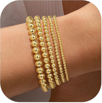 Yoosteel Gold Beaded Bracelets Set for Women Teen Girl Gifts Non Tarnish - 14K Gold Plated Dainty Round Bead Ball Pearl Cross Bracelet Stack for Women Teenage Girls Stackable Jewelry Christmas Gifts