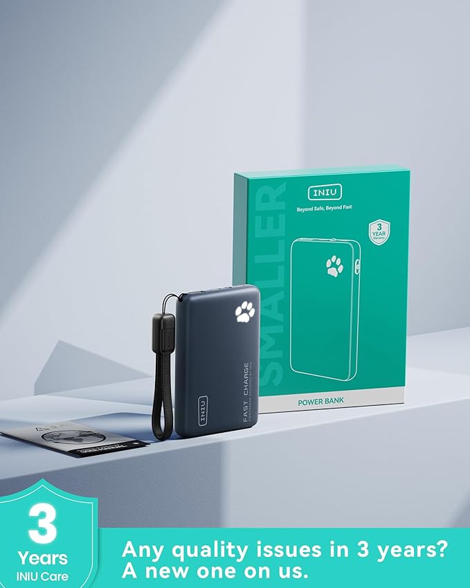 INIU Portable Charger, Ultra Slim 45W Fast Charging with Attached USB C Cable, Flight-Safe 10000mAh PD Power Bank Battery Pack, Travel Essential Phone Powerbank for iPhone 17 16 Samsung S25 Google etc