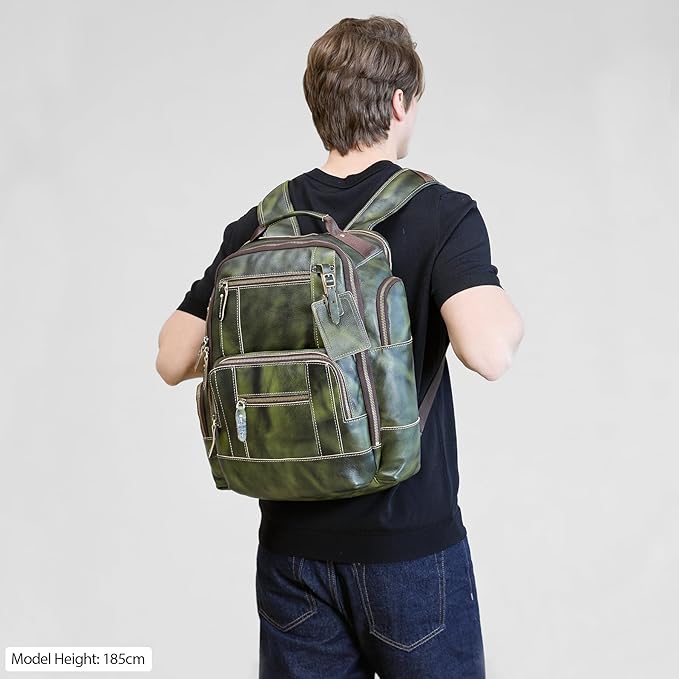 LANNSYNE Vegetable Tanned Leather Backpack for Men, 15.6" Laptop Backpack Camping Travel 24L Rucksack
