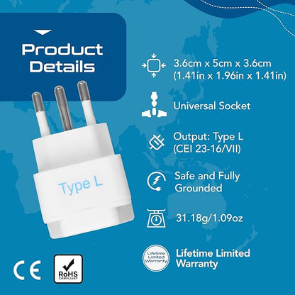 Ceptics Italy Power Adapter, Type L plug adapter, Universal Travel Adapter Chile, Italy travel adapter plug perfect for Rome, Lybia, Tunisia, Uruguay, GP-12A - White (3 Pack)
