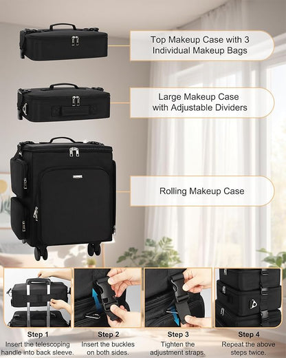 Relavel Rolling Makeup Case, 3 in 1 Hairstylist Traveling Bag Cosmetology Case on Wheels Large Hair Tools Cosmetics Train Case Makeup Artist Storage Organizer Trolley Suitcase with 360° Swivel Wheels