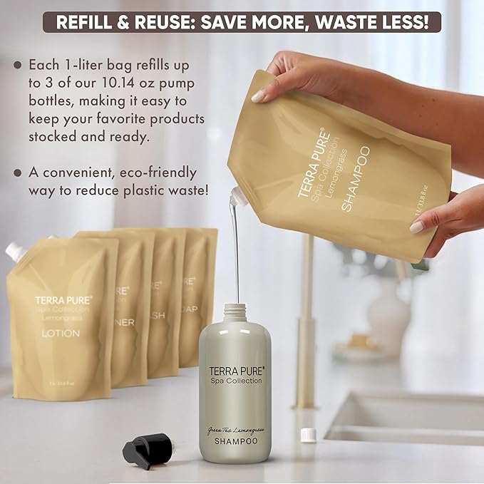 Terra Pure Spa Collection 1 Liter Shampoo Refill Bag For Soap Dispensers | Bulk Toiletries for Vacation Rentals, and Home Bathroom Showers | Green Tea Lemongrass | Set of 12