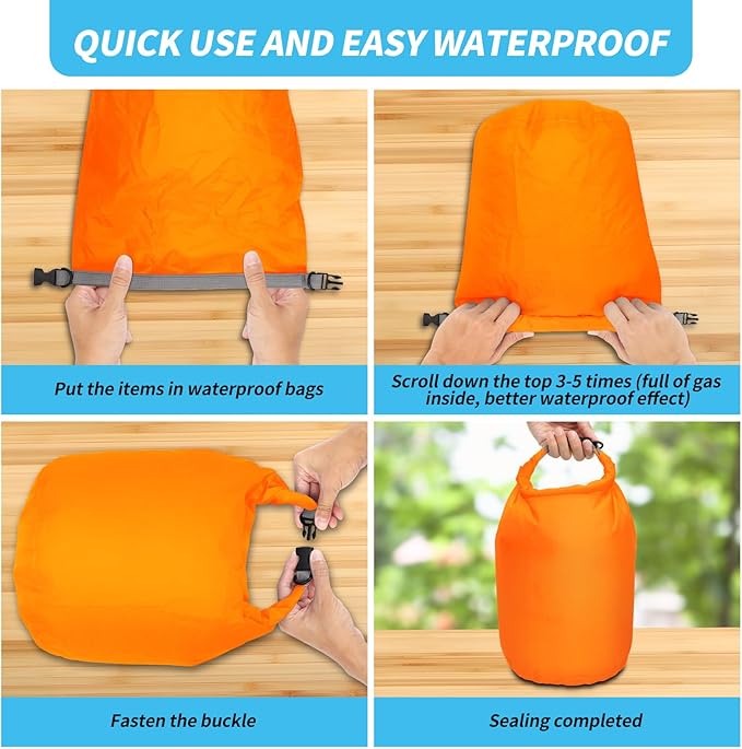 Dry Bag Set, Waterproof Small Lightweight Dry Bags for Paddle Board Kayaking, Fishing, Camping (Orange, 2L+5L+10L)