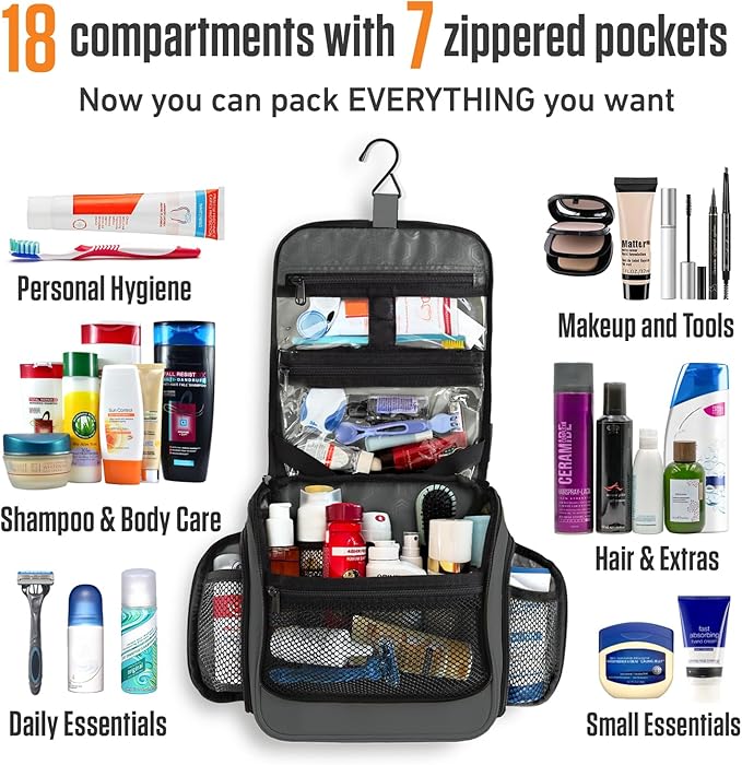 VENTURE 4TH Hanging Travel Toiletry Bag for Women & Men – Large Toiletry Organizer with 18 Compartments, Removable TSA Pouch, Travel Wash Bag for Toiletries, Makeup & Shaving Kit (Shadow Gray)