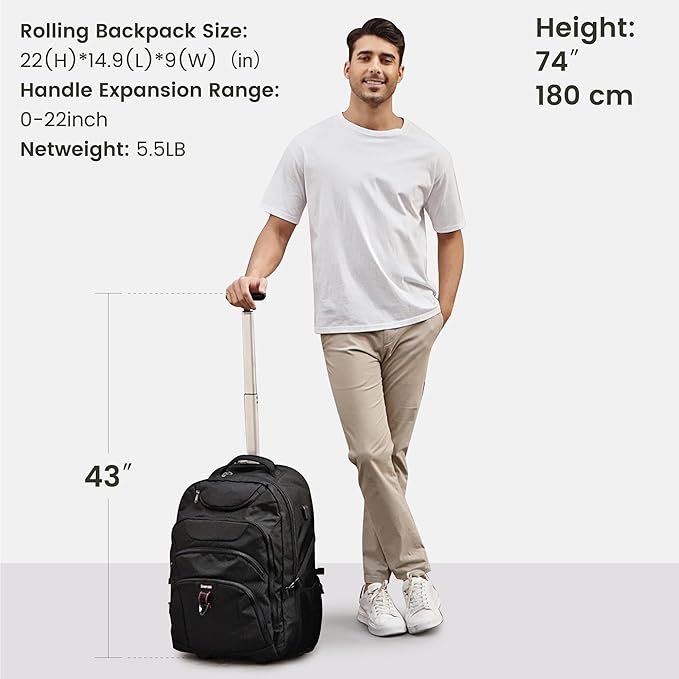Boavan Wheeled Backpack,18.4 inch Water Resistant Rolling Backpack,Carry on Luggage Business Bag, Overnight College Computer Backpacks Trolley Suitcase for Men Women Adults to Travel，Black