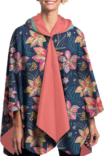 RainCaper EttaVee Bold Flowers Womens Rain Cape Poncho with Hood Reversible
