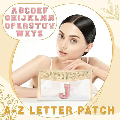 Small Boho Straw Initial Letter Makeup Bag Personalized Gift ,Cute Clear Chenille Patch Makeup Bag With Zipper,Trendy TSA Approved Travel Toiletry Bag,Gift for Women Girls Birthday Friend, Letter J