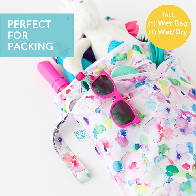 Bumkins - Waterproof Wet and Wetdry Bags - For Beach, Baby, Travel, Swim Suit, Cloth Diapers, Pump Parts, Pool, Gym, Toiletries - Reusable & Easy to Clean - Watercolor Floral - 2 Pack