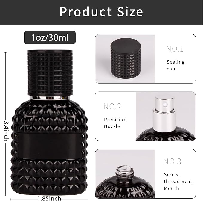 2 Pack 30ml Perfume Spray Bottles Empty, Refillable Glass Fine Mist Atomizer, Portable Travel Perfume Atomizers Fragrance Containers Sprayer for Cleaning, Essential Oils, Liquids (Black)