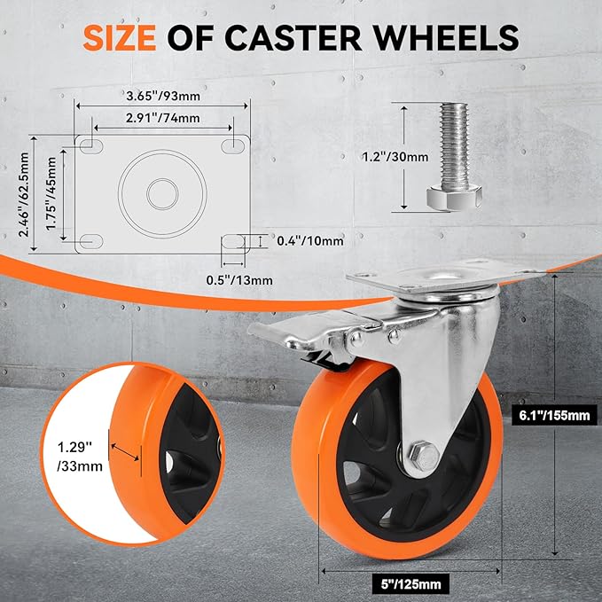 W B D WEIBIDA 5 Inch Swivel Caster Wheels of 4, Heavy Duty Top Plate Casters with Brake, 360 Degree Industrial Casters Polyurethane Wheels for Cart, Furniture, Equipment