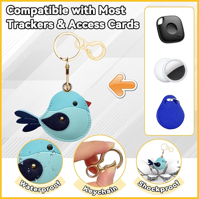 Leather Keychain for Airtag, Cute Protective Keychain Holder Compatible with Apple Air Tag,GPS Item Tracker Case Cover for Keys,Bags,Pets,Luggage(Bird)