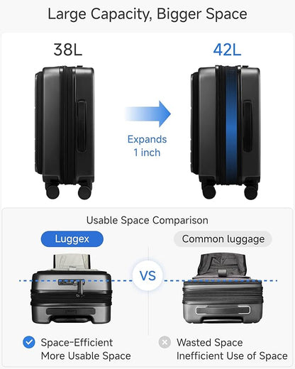 Luggage Sets 2 Piece, FLO5 Expandable Polycarbonate Hard Shell Suitcase Sets with Front Pocket (FX-Core, Black, 20/28 Inch)