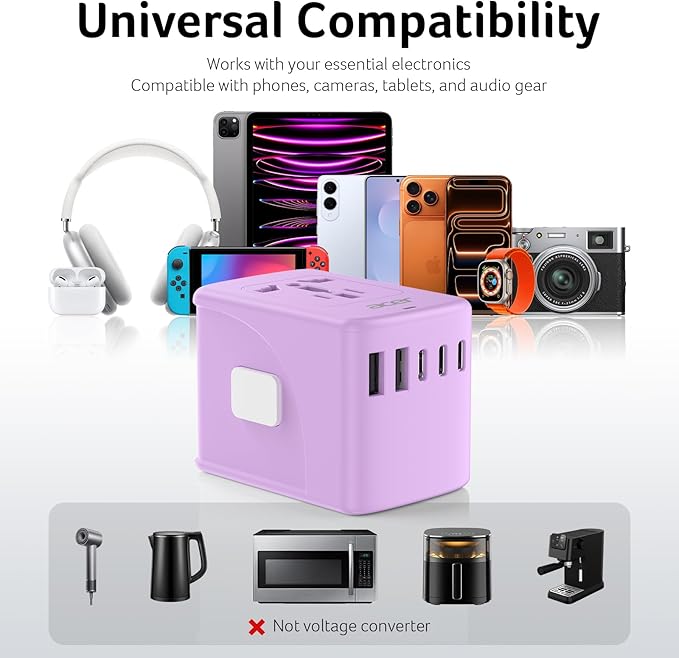 Acer Universal Travel Plug Adapter - International Power Adapter with 5 USB Ports (3 USB C) 5.8A, Worldwide Outlet Charger for USA to European UK France Germany Spain, Type C/E/F/G/I/L/A, Purple