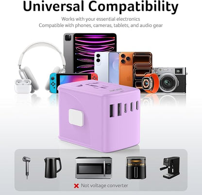 Acer Universal Travel Plug Adapter - International Power Adapter with 5 USB Ports (3 USB C) 5.8A, Worldwide Outlet Charger for USA to European UK France Germany Spain, Type C/E/F/G/I/L/A, Purple