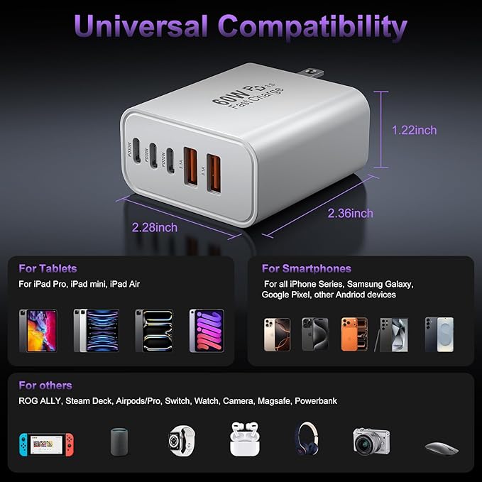 USB C Fast Charger Block, 60W USBC Wall Charger Plug, 2Pack 5-Port Type C Phone Charging Cubes Power Adapter Multiport Brick for iPhone 17/16/15/14/13/12/11/Pro Max/Plus/Air, iPad mini/Pro,Galaxy S25