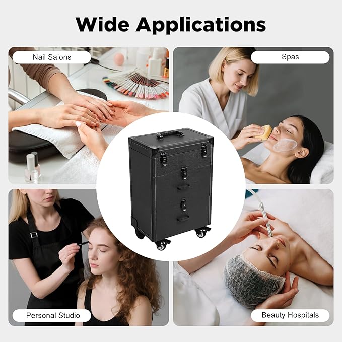 Rolling Makeup Case w/ 4 Keys, 3-tier Lockable Makeup Train Case w/ Drawers, Detachable Nail Polish Organizer, Travel Cosmetic Case w/ 3-gear Telescopic Rod, 13.98*9.06*22.64in, Black Latch+Black