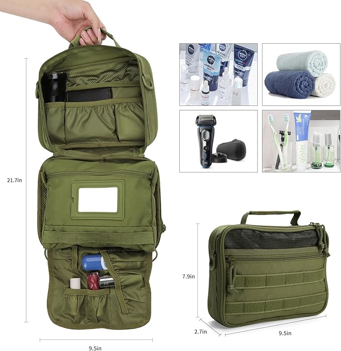 Tactical Toiletry Bag for Men, Travel Hanging Toiletry Bags, Toiletries Organizer Dopp Kit, Travel Cosmetic Bag,Shaving Hygiene Bag, Bathroom Essentials Men's Toiletry Bag for Camping - Army Green