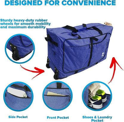 Bago Rolling Duffle Bag with Wheels - 30" 100L Foldable Weekender Bag, Waterproof Travel Duffel Bags, Heavy Duty Lightweight Duffle Bags for Traveling, Rolling Duffels with Wheels (SnowDepBlue)