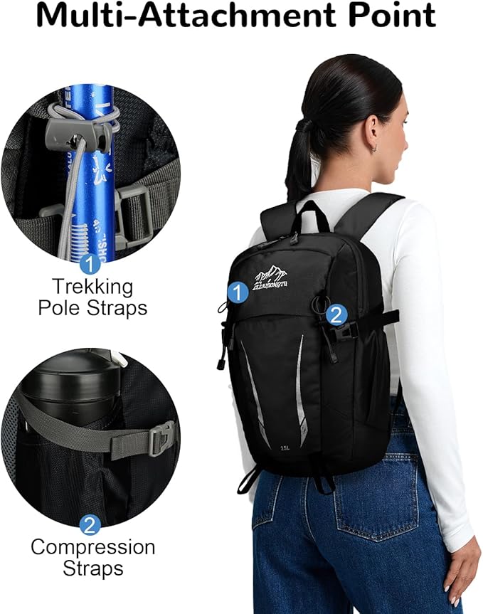 15L Small Padded Hiking Backpack with Chest Strap for Men, Lightweight Waterproof Daypack for Travel, Black