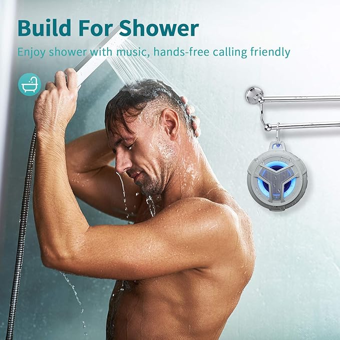 EBODA Shower Bluetooth Speaker, IPX7 Waterproof Portable Floating Speakers with Loud HD Sound, True Wireless Stereo Speaker with LED Light, 24H Play for Shower Pool Beach, Gifts for Men, Women - Gray