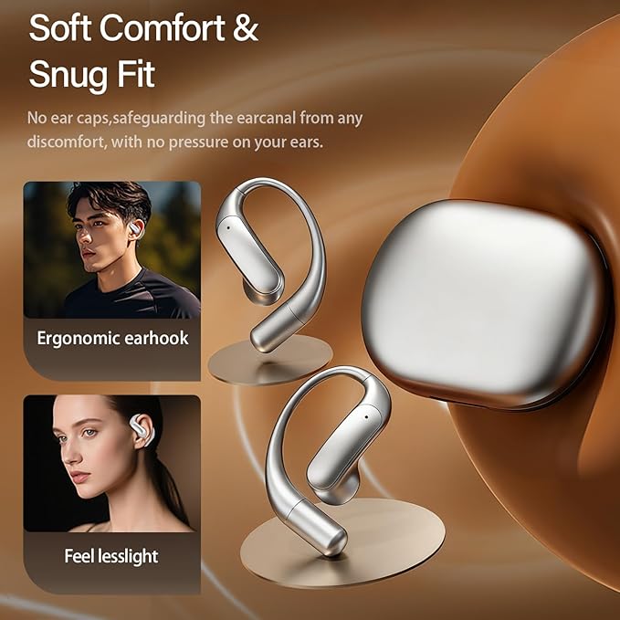 Wentronic Open Ear Headphones, Wireless Earbuds Bluetooth 5.4 with Digital Display, Secure Earhook, 48H Playtime, Enhanced Sound, Clear Calls, IP55 Waterproof Ultra-Light Sports Headphones - Silver