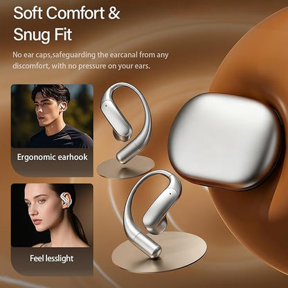Wentronic Open Ear Headphones, Wireless Earbuds Bluetooth 5.4 with Digital Display, Secure Earhook, 48H Playtime, Enhanced Sound, Clear Calls, IP55 Waterproof Ultra-Light Sports Headphones - Silver