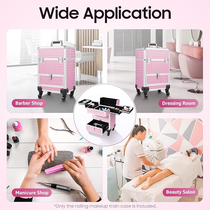 Rolling Makeup Train Case,Multi-functional Cosmetic Trolley with 360° Swivel Wheels Keys,Salon Barber Case Traveling Cart for Nail Technicians Hairstylist (Pink)