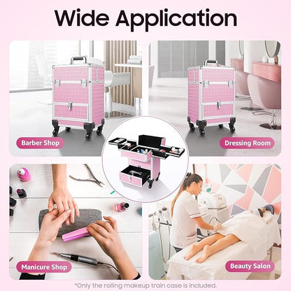 Rolling Makeup Train Case,Multi-functional Cosmetic Trolley with 360° Swivel Wheels Keys,Salon Barber Case Traveling Cart for Nail Technicians Hairstylist (Pink)