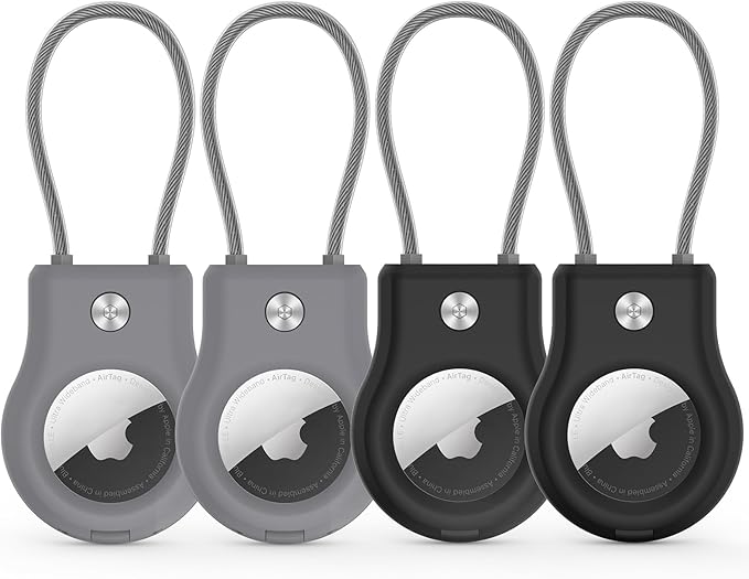 AirTag Keychain Holder - (4 Pack) Airtag Lock Case with Wire Cable Compatible with Apple AirTags,Ultra Durable Anti-Lost Protective Case with Keyring for Luggage, Key, Backpack, Pet, Bag Black/Grey