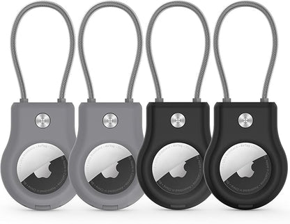 AirTag Keychain Holder - (4 Pack) Airtag Lock Case with Wire Cable Compatible with Apple AirTags,Ultra Durable Anti-Lost Protective Case with Keyring for Luggage, Key, Backpack, Pet, Bag Black/Grey