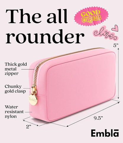 Embla Makeup Bag Travel Cosmetics Pouch and Toiletry Bag, Nylon Zipper Pouch Purse, Cute Make Up Organizer Storage Tote for Women Girls, Travel Skincare Case, Small Makeup Bags, Flamingo Pink