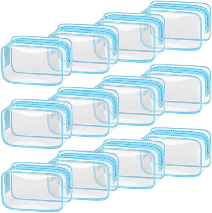 TISRATOK 12 PCS Clear Makeup Bag for Women with Zipper, TSA Approved Toiletry Pouch, Cosmetic Bag Bulk for Travel Organizer Essentials - Blue,Small