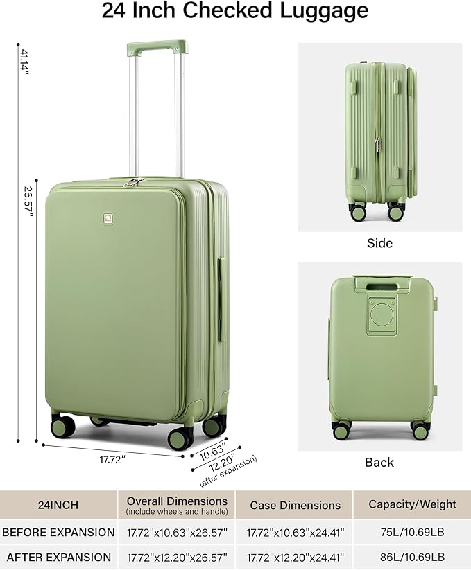 Hanke 24Inch Expandable Luggage Top Opening Medium Checked Luggage Hard Shell Suitcases with Wheels Travel Luggage Rolling Suitcase with Cup Holder(Bamboo Green)