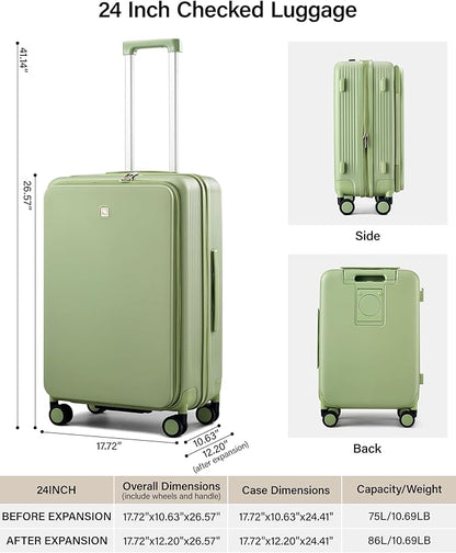 Hanke 24Inch Expandable Luggage Top Opening Medium Checked Luggage Hard Shell Suitcases with Wheels Travel Luggage Rolling Suitcase with Cup Holder(Bamboo Green)