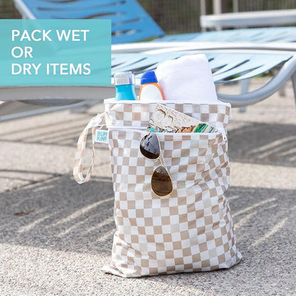 Bumkins - Waterproof Wet and Wetdry Bags - For Beach, Baby, Travel, Swim Suit, Cloth Diapers, Pump Parts, Pool, Gym, Toiletries - Reusable & Easy to Clean - Beige Check - 2 Pack