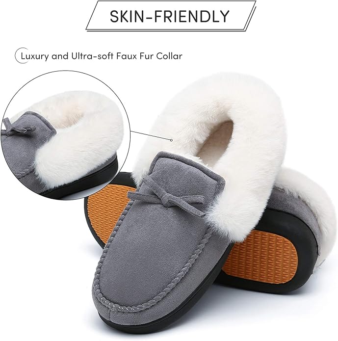 Mishansha Women's House Shoes Memory Foam Suede Moccasin Slippers Winter Warm Fleece Lined Home Shoes with Anti-Skid Rubber Sole