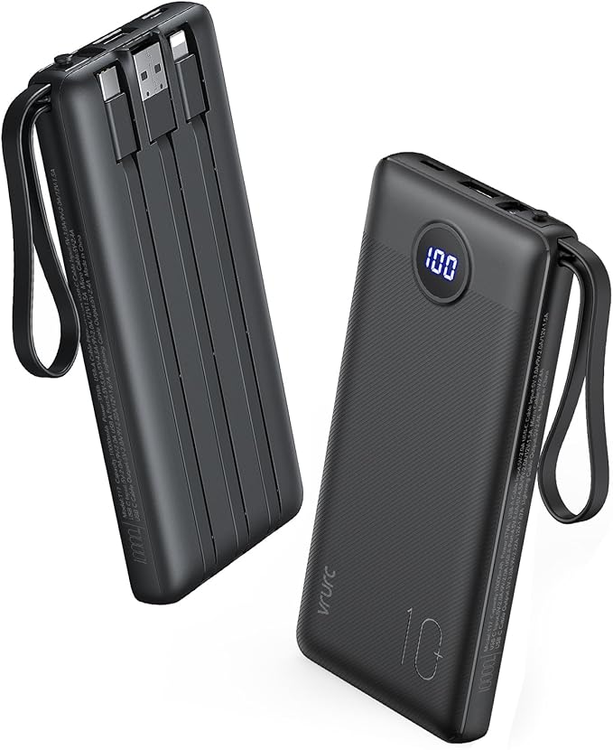 VRURC Portable Charger, 22.5W Slim Power Bank Fast Charging, 10000mAh USB C Portable Phone Charger, Compact Travel Battery Pack with Built-in Cables for iPhone 16 15 14 13, Samsung-Black(1 Pack)