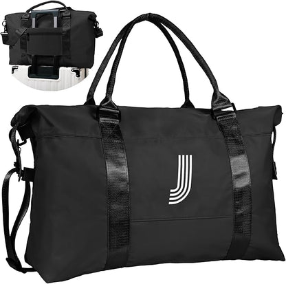 Initial Travel Duffel Bag, Sports Gym Bag, Personalized Weekender Bag with Shoulder Strap, Graduation Gift Monogram Overnight Bag for Women with Trolley Sleeve & Wet Pocket, J