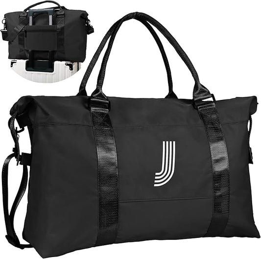Initial Travel Duffel Bag, Sports Gym Bag, Personalized Weekender Bag with Shoulder Strap, Graduation Gift Monogram Overnight Bag for Women with Trolley Sleeve & Wet Pocket, J