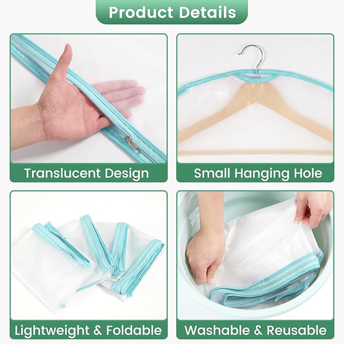 6 Pack Garment Bags for Hanging Clothes - Translucent Suit Bag for Closet Storage, Clothes Cover for Hanging Shirts, Dresses, Travel, Moving - Green