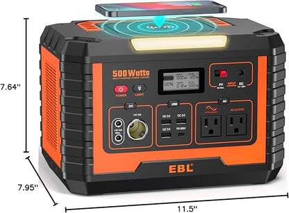 EBL Portable Power Station 500, 519.4Wh Outdoor Solar Generator with 110V/500W AC Outlet for Home Use, Emergency Backup, Camping