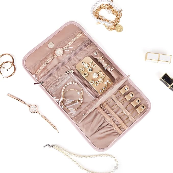 BELALIFE Travel Jewelry Case Organizer, Medium Foldable Storage Roll for Earrings, Necklaces, Rings, Bracelets, Brooches, Pink