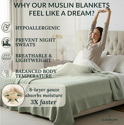 Cloud Scape Linen 8-Layer Muslin Blanket Queen Size - 100% Cotton, Soft and Breathable, Oversized Winter Blanket, Fits up to Full Size Bed, 92x92, Sage Green