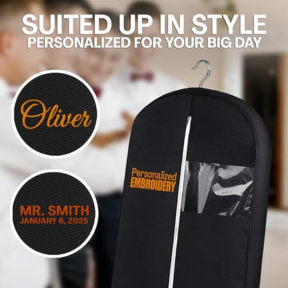 Personalized Garment bag for Groom Tuxedo - Embroidered Name Breathable Black Bag for Groomsmen with 2 Pockets for Hanging Clothes - Ideal for Groom Attire- Custom Suit Cover Bag with Carry Handles