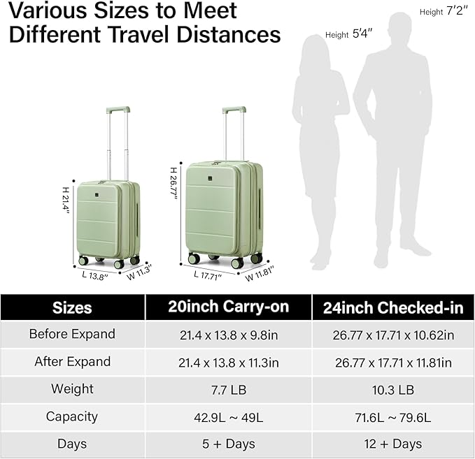 MILADA 24 Inch Expandable Top Opening Luggage with Spinner Wheels Medium Checked Suitcase with Wheels Hard Shell Trunk Suitcase TSA Approved Luggage for travel, Bamboo Green