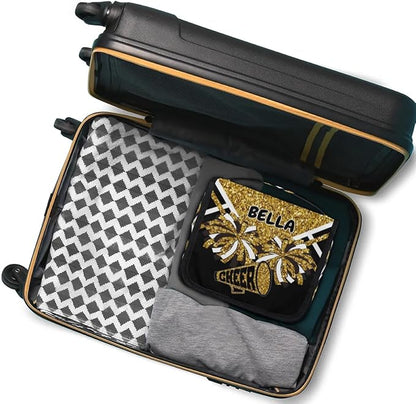 Custom Name Toiletry Bag Travel Bag with Hanging Hook, Cheerleading Makeup Cosmetic Bag Travel Full Sized Container Organizer for Shampoo, Toiletries. Gold Sequins with Black