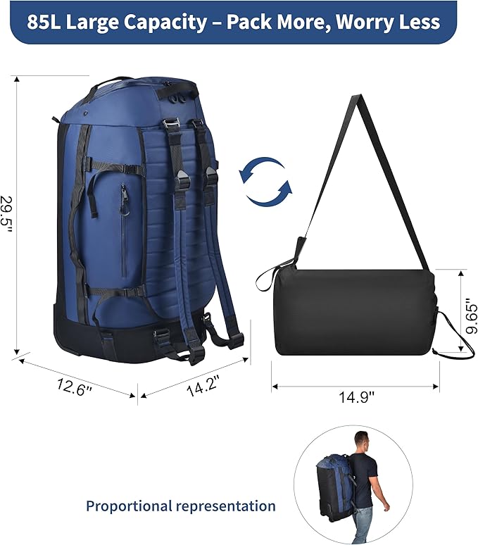 86L Foldable Rolling Duffel Backpack with Wheels - Extra Large Waterproof Travel Bag with Shoe Compartment, Heavy Duty Convertible Luggage for Outdoor, Sports, Airplane Trips